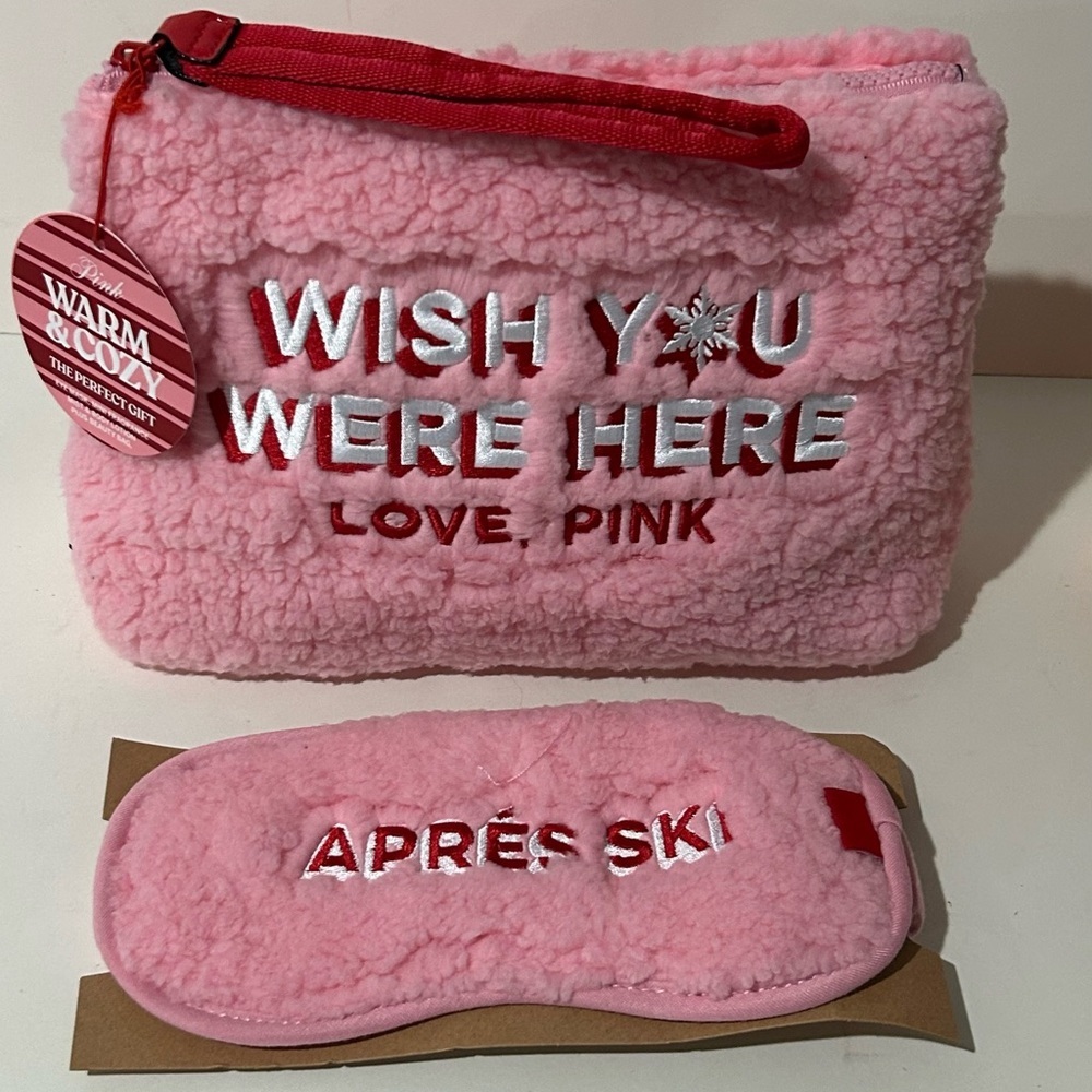 PINK Victoria’s Secret Sherpa Cosmetic Bag + Eye Mask Set NWT - Picture 8 of 8